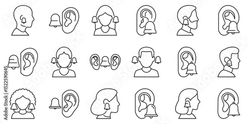 Tinnitus icons set. Collection of line icons depicting hearing issues and tinnitus