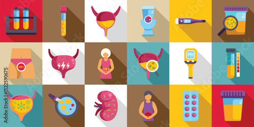 Urinary tract infection icons set. Colorful icons depicting various aspects of urinary health and diagnostics