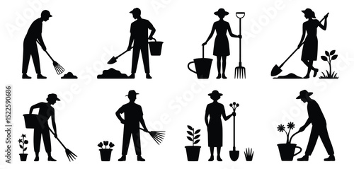 Silhouette gardeners working in the garden