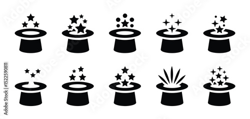 Magic hat icons set with stars and sparkles