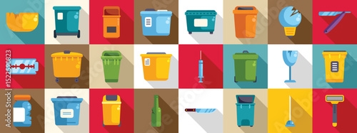 Sharps container icons set. Colorful icons illustrating proper waste disposal for various hazardous materials, promoting responsible recycling and waste management practices