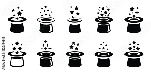 Twelve magic hat icons with stars