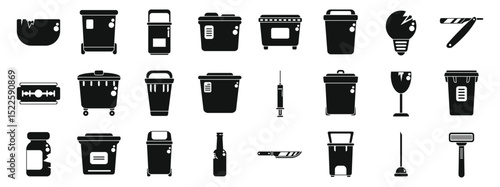 Sharps container icons set. Diverse black icons representing waste disposal and recycling methods