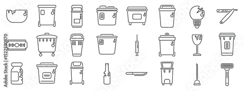 Sharps container icons set. Line icons depicting proper disposal of hazardous materials, emphasizing safe handling and environmental protection