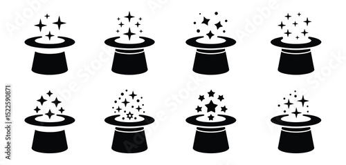 Eight magic hat icons with stars