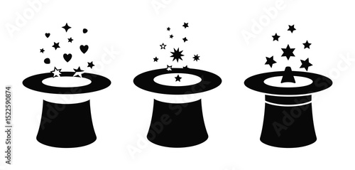 Three magic hats with stars and hearts