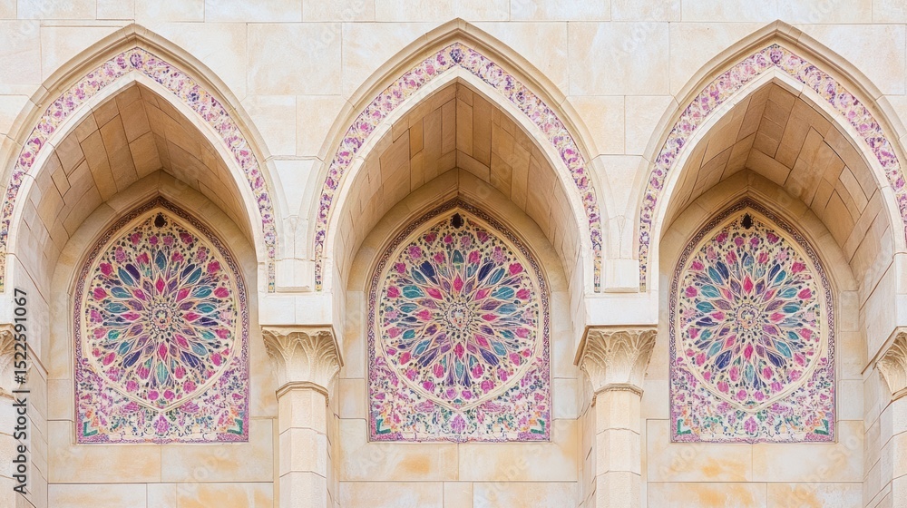 Obraz premium Ornate arches with decorative stained glass windows.