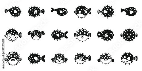 Puffer fish icons set. Set of puffer fish icons showing different swimming positions and facial expressions