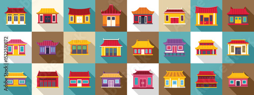 Traditional chinese house icons set. Vibrant flat design icons of traditional asian architecture