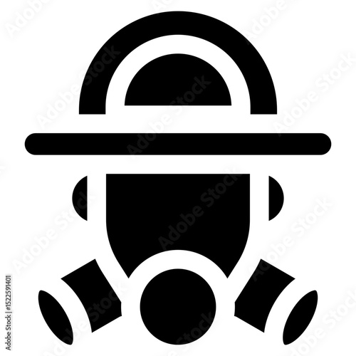 Firefighter is depicted wearing a gas mask and a hat. Concept of danger and preparedness