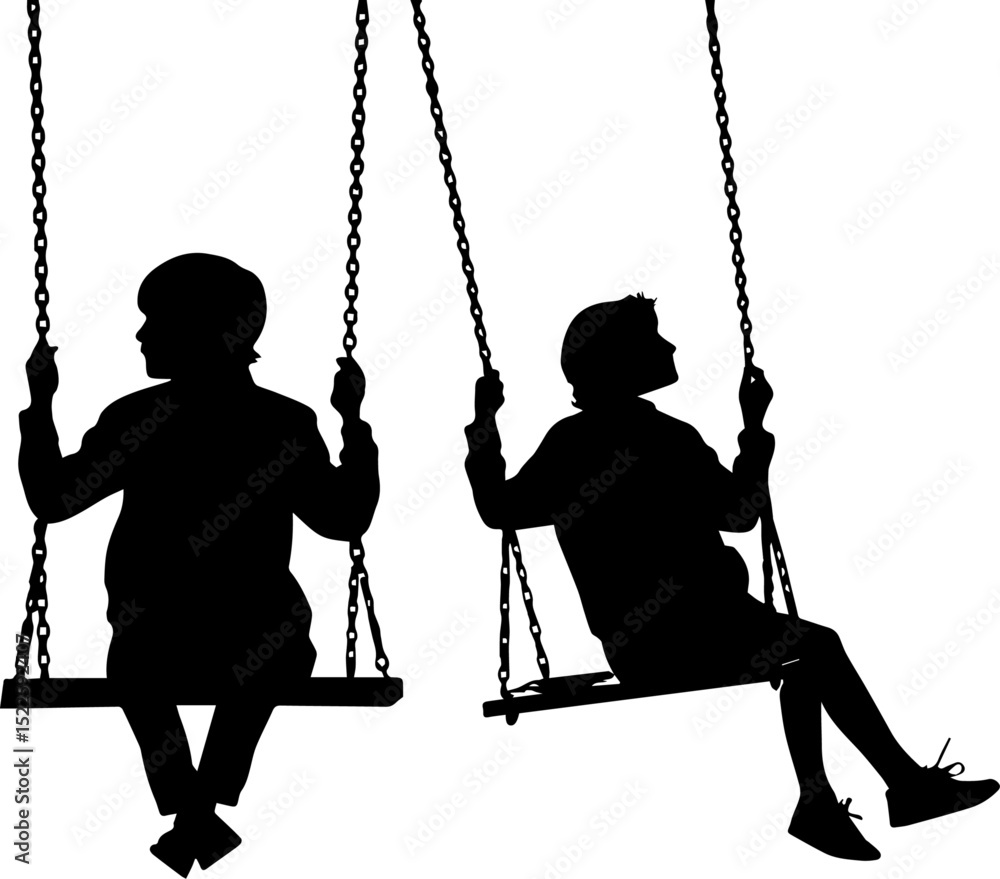 Happy Children on Swings Silhouette - Playful Kids Outdoor Fun Happy Children on Swings Silhouette - Playful Kids Outdoor Fun