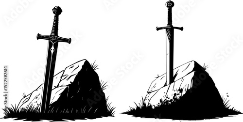 Legendary Sword in the Stone Silhouette - Medieval Fantasy Icon