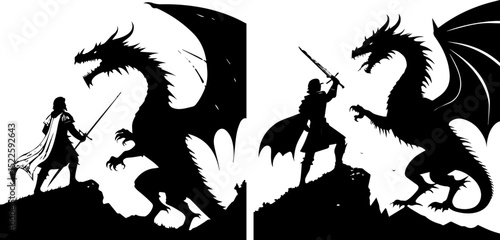 Epic Knight Fighting Dragon Silhouette - Fantasy Battle Scene