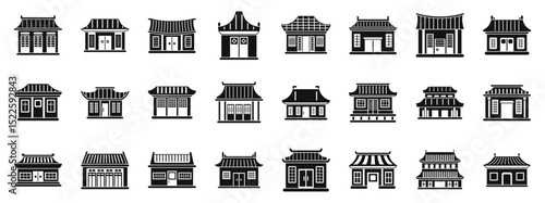 Traditional chinese house icons set. Set of simple black vector icons representing various styles of asian architecture, including temples, houses, and pagodas