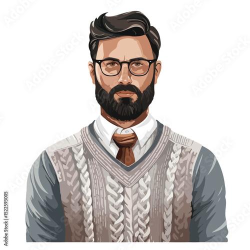 Professional adult man in sweater and tie poses against white background for corporate headshot