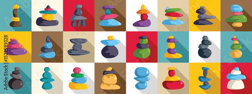 Balancing stone icons set. Collection of colorful balancing stones representing stability, harmony, and wellness