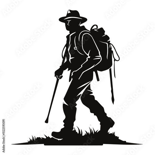 Professional Silhouette of an Adventurer Walking with Backpack for Outdoor Activities