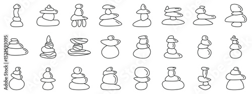 Balancing stone icons set. Collection of simple stone cairn line drawings in various stacked formations