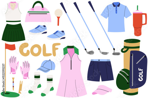 Set of golf equipment and apparel. Illustration of  golf items including clubs, bags, shoes, clothing, gloves, caps, socks, ball, and accessories. Perfect for sports-themed designs, advertising. 