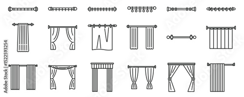 Cornice curtains icons set. Different styles of curtains and curtain rods are depicted in a minimalist line art style, perfect for home decor projects