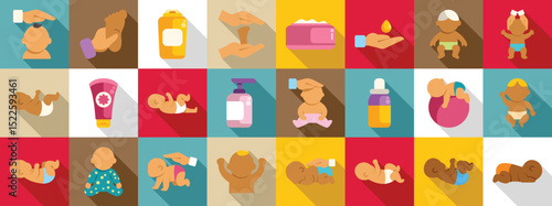 Baby massage icons set. Colorful baby care icons represent various aspects of nurturing, playing, and hygiene for infants