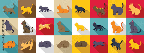 Behavior cat icons set. Adorable cats exhibiting various playful poses and activities, presented as a collection of colorful flat design icons