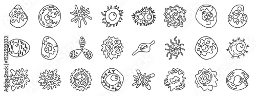 Immune system cells icons set. Different microorganisms causing diseases, infection and illness, amoeba and pathogen illustration