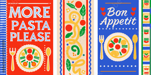 Colorful Pasta Themed Illustrations with More Pasta Please and Bon Appetit Text Featuring Pasta Dishes and Decorative Elements for Food Lovers