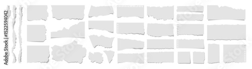 Torn paper edges on transparent background. Torn sheets of paper. Torn paper strips set. Sticky notes, shreds of notebook pages. Vector illustration