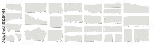 Realistic Torn Paper Scraps and Ripped Edges Collection on Transparent Background.Torn sheets of paper. Torn paper strips set