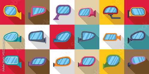 Side rear view mirror icons set. Car side mirrors icons set displaying various shapes, sizes, and colors, providing a comprehensive visual guide for automotive enthusiasts