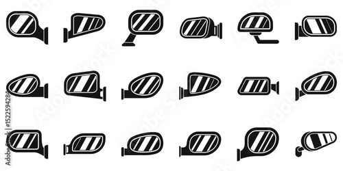 Side rear view mirror icons set. Set of simple black icons representing various designs of car side mirrors, essential for safe driving and rearview awareness