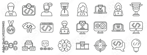 Hackathon icons set. Icons depicting various aspects of software development, including coding, debugging, teamwork, and project management