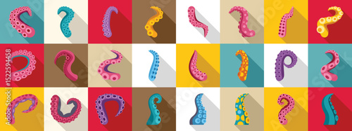 Octopus tentacle icons set. Tentacles icons set displaying various shapes and colors, representing marine life and cephalopods