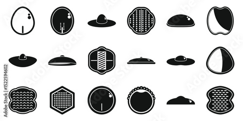 Breast pads icons set. Set of abstract black and white badge icons in various geometric shapes
