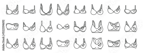 Nursing bra icons set. Collection of bras illustrating diverse styles, from everyday wear to sports bras, showcasing varying levels of support and design
