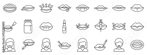 Lip injections icons set. Set of linear icons representing lip augmentation, showcasing various techniques and tools used in cosmetic procedures for achieving fuller and more defined lips