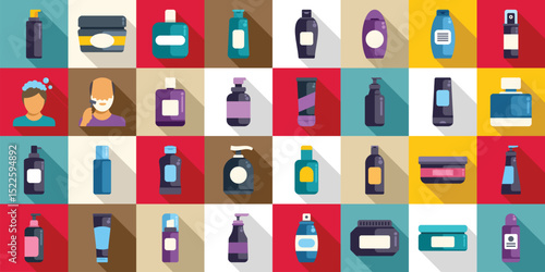 Cosmetic men icons set. Colorful vector illustration of hair and shaving products and a man using shaving cream