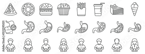 Bloating icons set. Set of vector linear icons representing different types of stomach diseases caused by unhealthy food, and people holding their belly because of abdominal pain