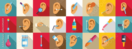 Ear canal cleaning icons set. Ear care icons depict cleaning, piercing, and treatment using cotton swabs, ear drops, piercing guns, and other tools, promoting ear health and hygiene