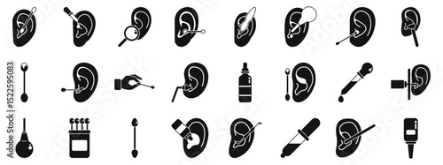 Ear canal cleaning icons set. Exploring various methods and instruments for ear hygiene, from cotton swabs and ear drops to specialized tools for wax removal and ear piercing