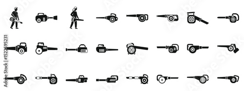Blower leaves icons set. Gardeners are employing leaf blowers for efficient garden and park maintenance, ensuring cleanliness