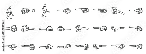 Blower leaves icons set. Gardeners are using leaf blowers to clean leaves and debris, blowing tools icons set for cleaning service
