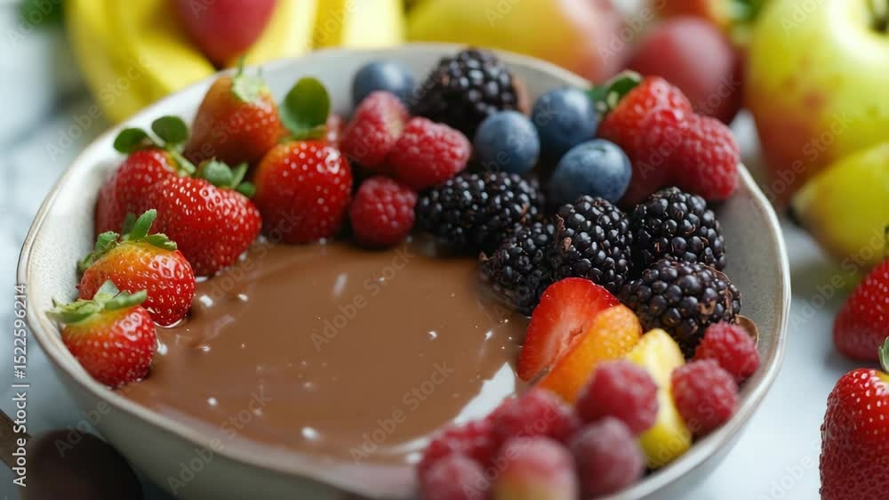Colorful bowl of fruit with delicious chocolate dip. Perfect for a healthy snack or dessert. Colorful bowl of fruit with delicious chocolate dip. Perfect for a healthy snack or dessert.