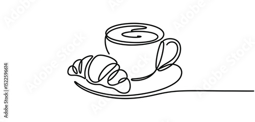 Single Line Drawing of Coffee Cup and Croissant