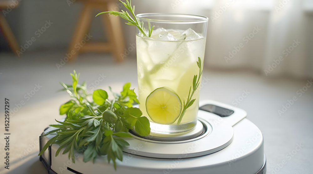Fototapeta premium A vibrant citrus cocktail, garnished with a lime slice and fresh herbs, sits on a white robot vacuum in a sunlit room, suggesting a refreshing break