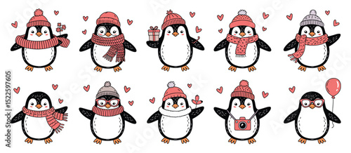 Adorable Cartoon Penguins Wearing Winter Hats and Scarves