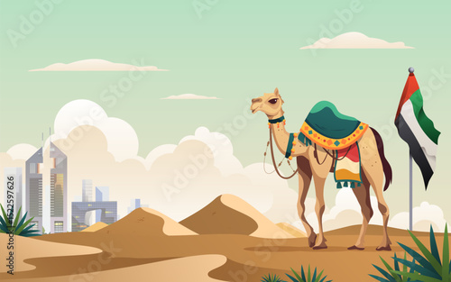 Camel and Desert with Cityscape Gradient Illustration