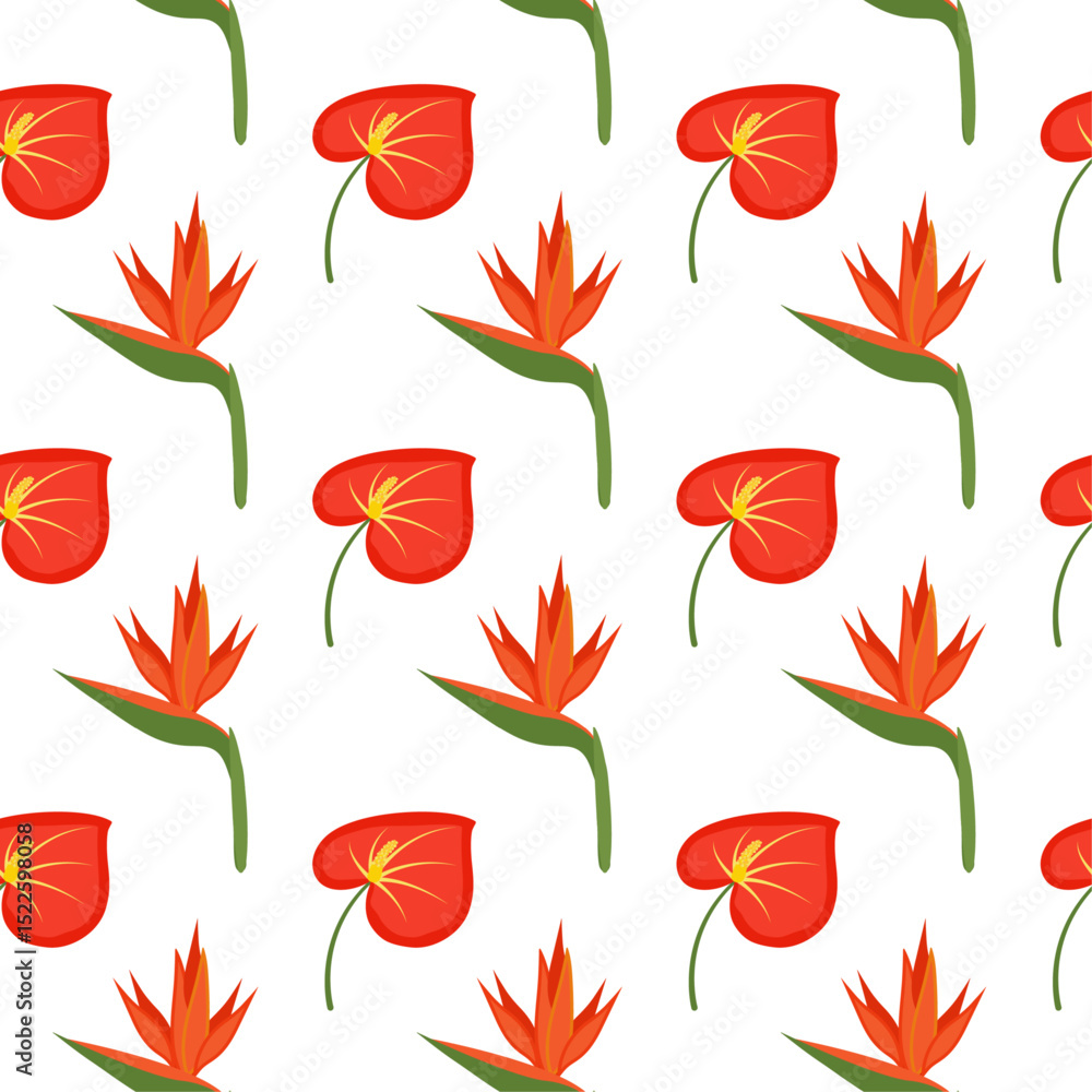 Seamless floral pattern for fabric and textile. Vector illustration. Red anthurium and strelitzia on white background. Tropical print for packaging and wrapping paper. Summer ornament. Seamless floral pattern for fabric and textile. Vector illustration. Red anthurium and strelitzia on white background. Tropical print for packaging and wrapping paper. Summer ornament.