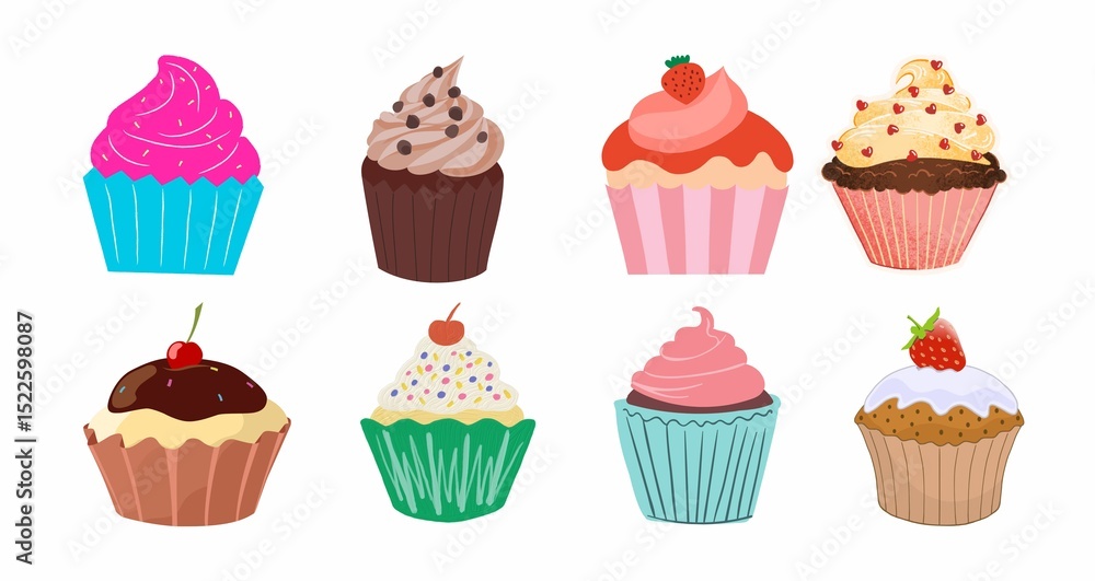 Vibrant illustrations of various cupcakes with colorful frostings and toppings. Vibrant illustrations of various cupcakes with colorful frostings and toppings.